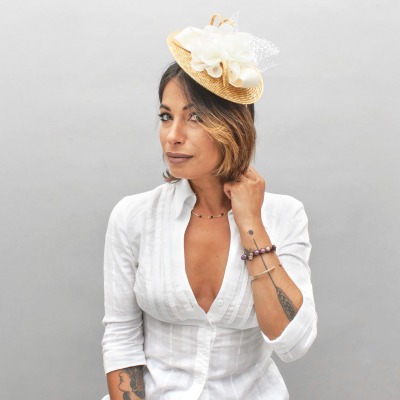 Cappello cerimonia elegante fascinator piume veletta mod3 bianco sposa art  D0609